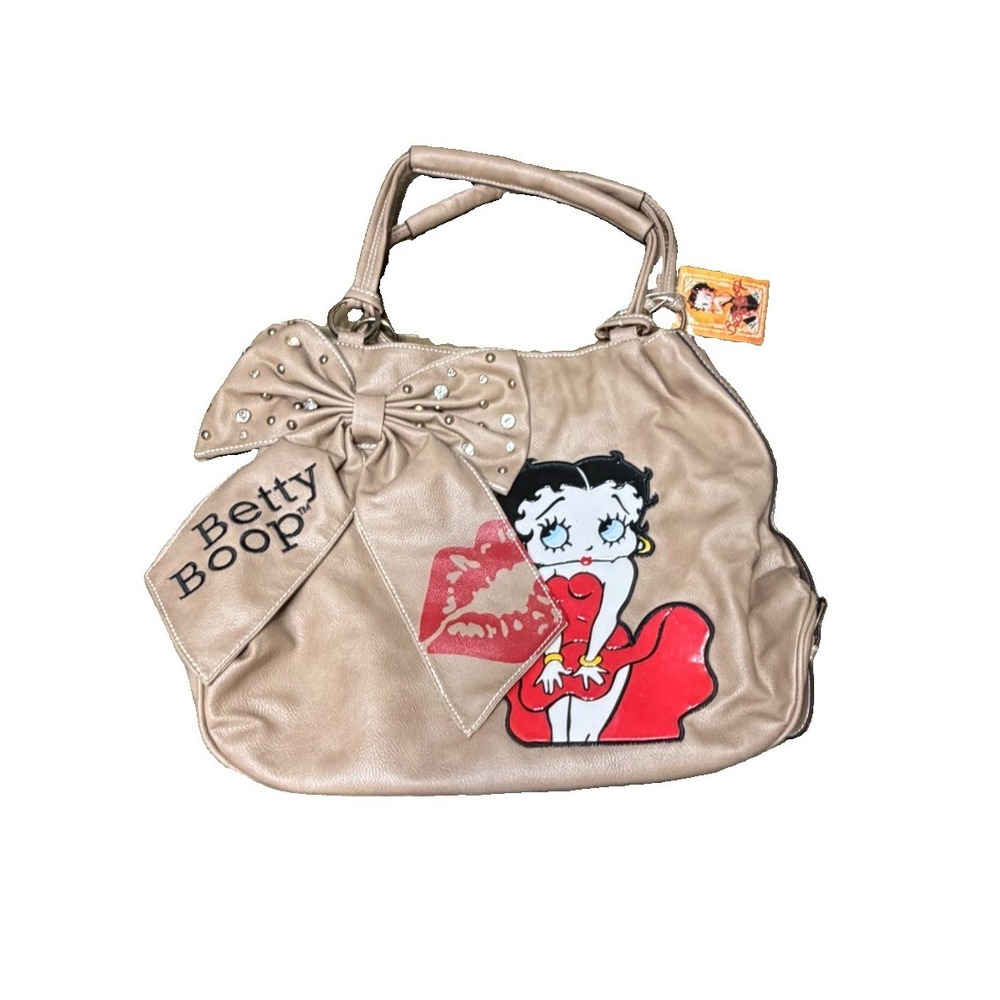 Betty Boop NWT Large Beige Bow Handbag 2012 Purse Rhinestone Lips Tote KF-7113